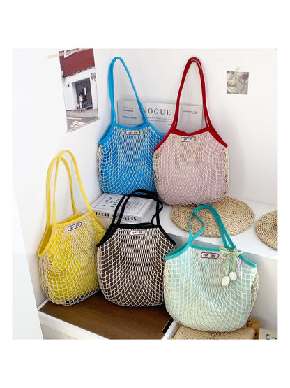 Cosbai double layer mesh beach tote bag in beige with tan handles on white background