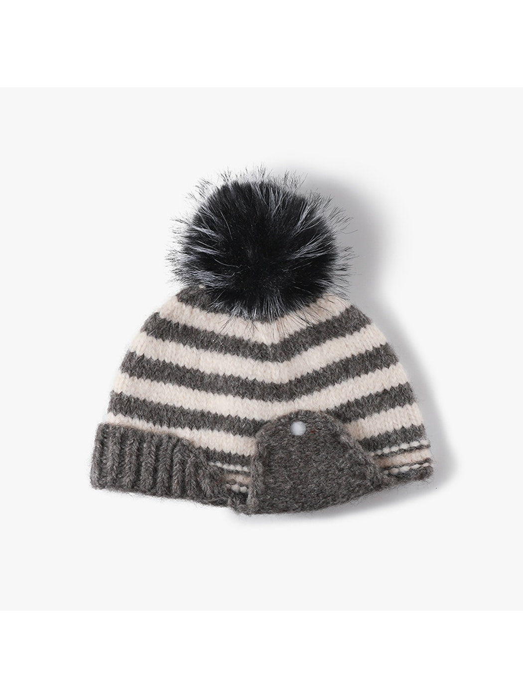 Haila - Striped Pom Ear Flap Knit Winter Hat