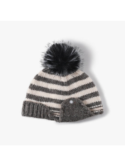 Haila - Striped Pom Ear Flap Knit Winter Hat