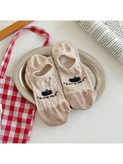 Rufia - Playful Cat Motif Color Block No-Show Socks