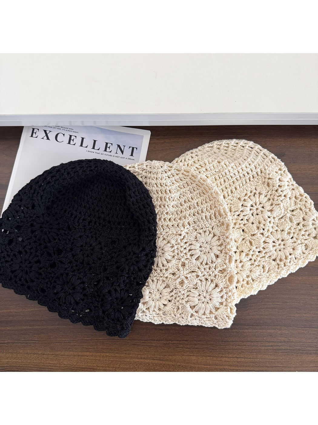 Haila - Openwork Floral Round Crown Knit Hat