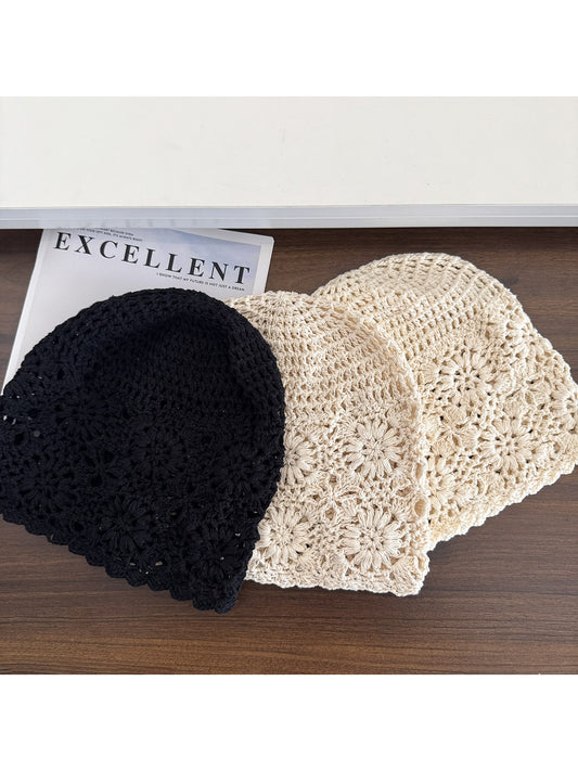 Haila - Openwork Floral Round Crown Knit Hat
