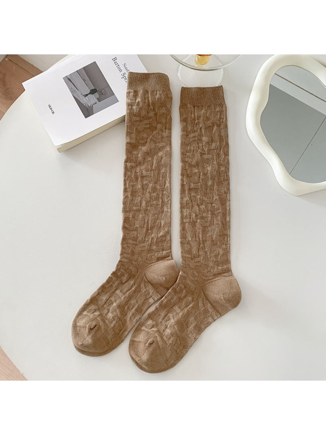 Rufia - Retro Solid Color Knee-High Socks with Embossed Print