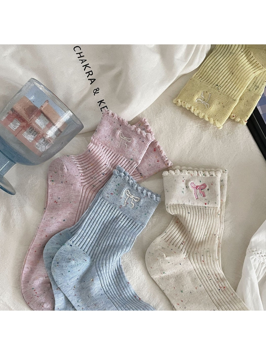 Rufia - Speckled Ribbed Bow Detail Casual Crew Socks