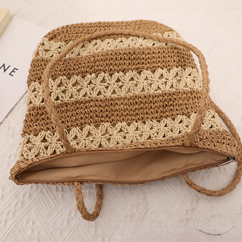 Hollow-Out Floral Single-Shoulder Straw Bag