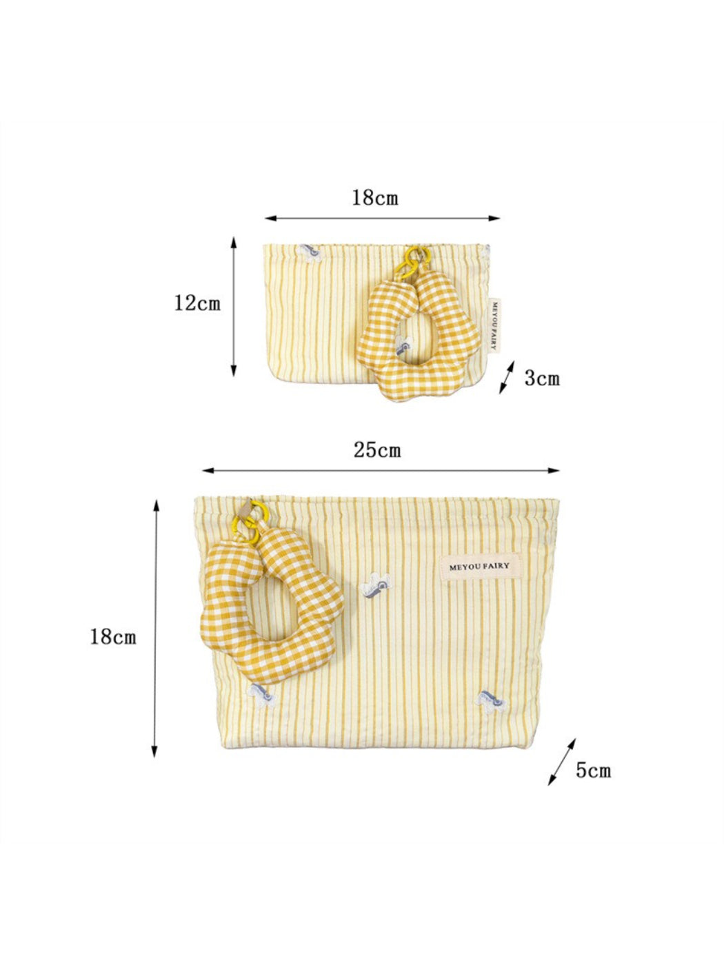 Striped cosmetic bag folded flat showing back side