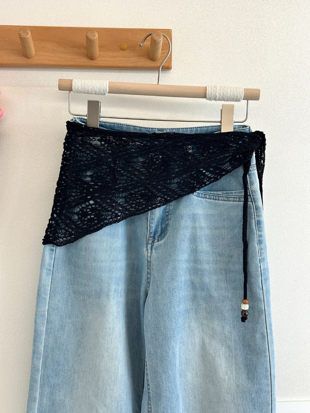 Scarvii - Lace Knit Triangle Scarf with Beaded Ties