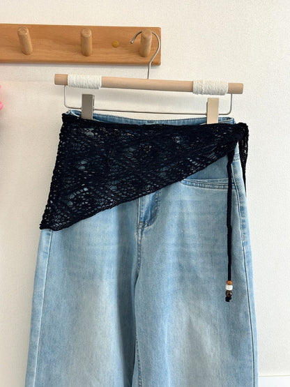Scarvii - Lace Knit Triangle Scarf with Beaded Ties