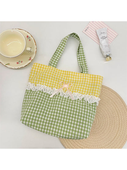 Cosbai - Lace Trim Gingham Tote Bag