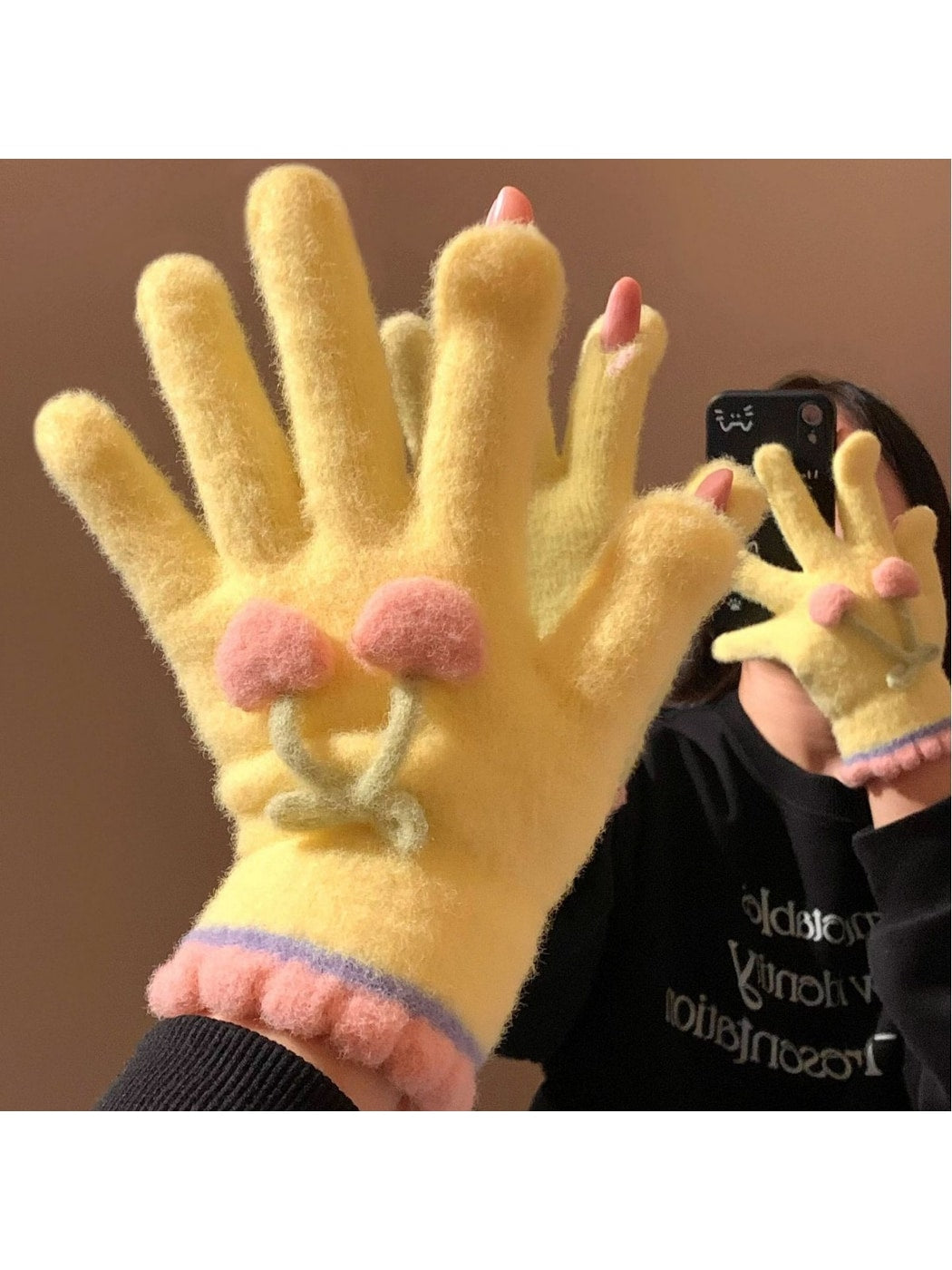 Gloving - Cherry Detail Five-Finger Winter Gloves