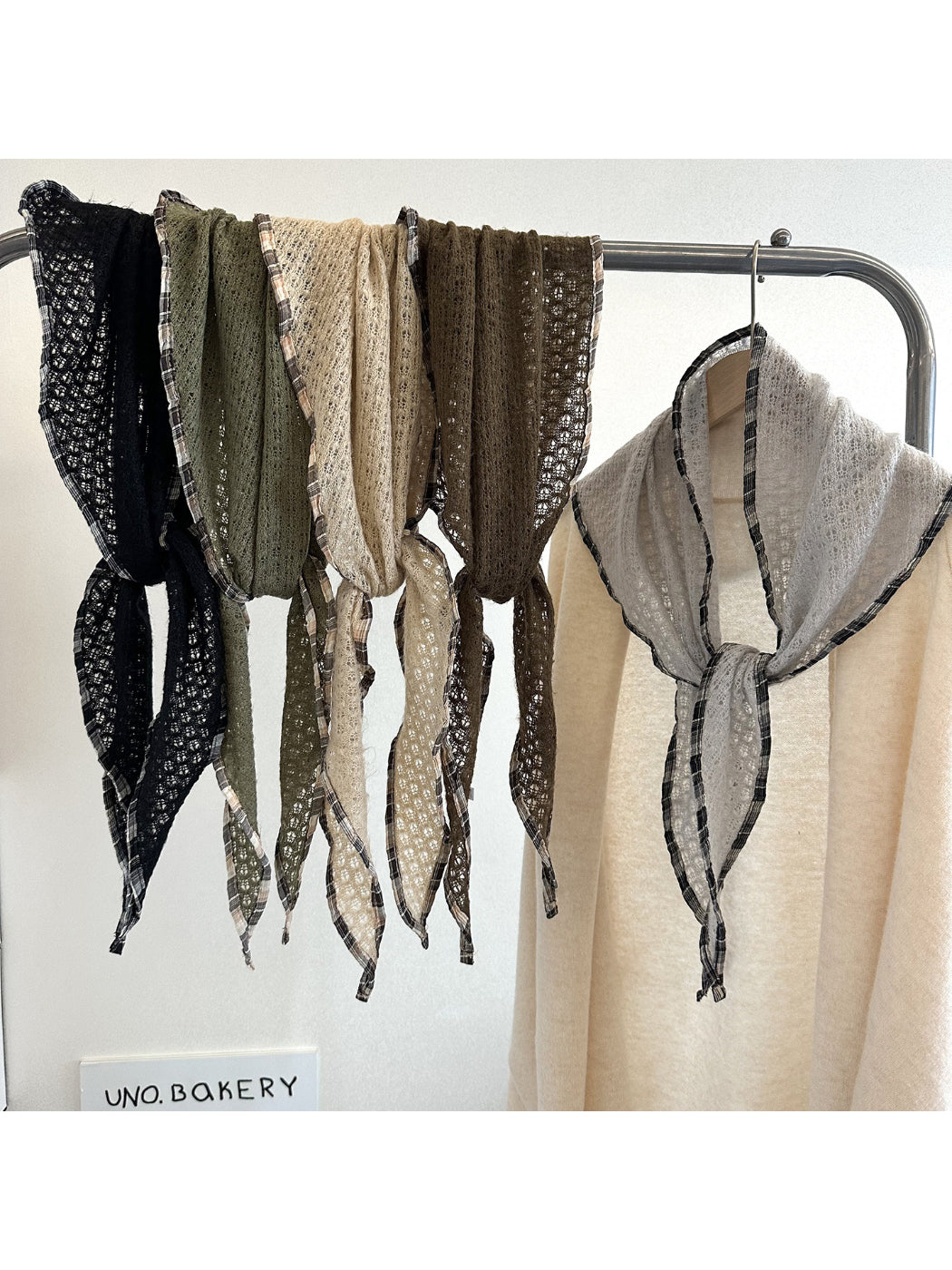 Scarvii - Open Knit Check Trim Triangle Scarf