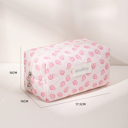 Cosbai small floral makeup organizer with a close-up of the floral pattern and zipper