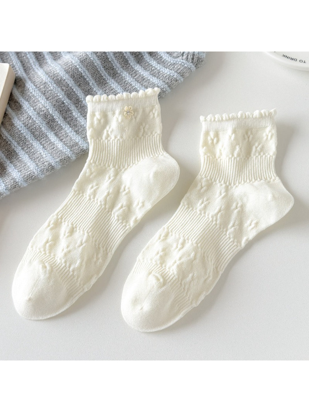 Rufia Sweet Floral Knit Crew Socks in multiple color options arranged