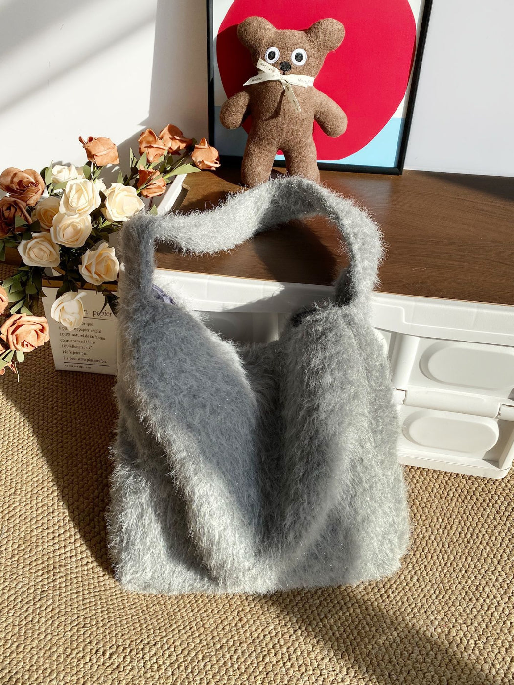 Cosbai shoulder bag showing front pocket and plush glitter fabric