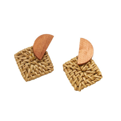 Earwish - Square Rattan Earrings with Wood Accent