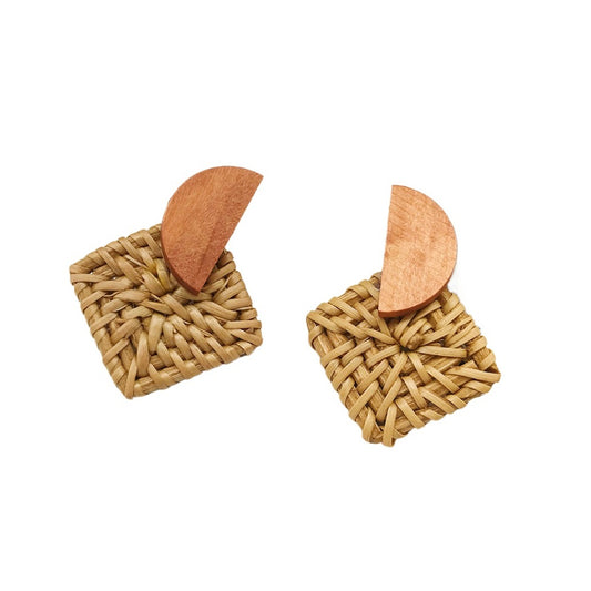 Earwish - Square Rattan Earrings with Wood Accent