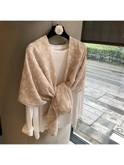 Scarvii - Floral Embroidered Lace Trim Shawl Scarf