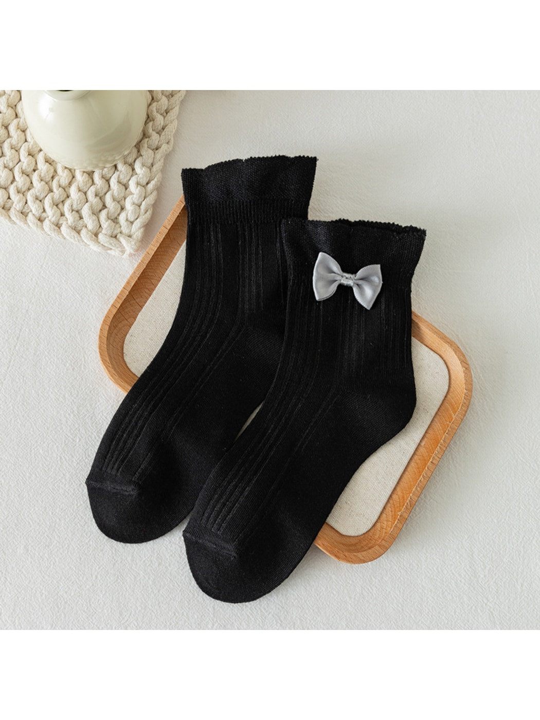 Rufia - Simple Bow Detail Ribbed Crew Socks