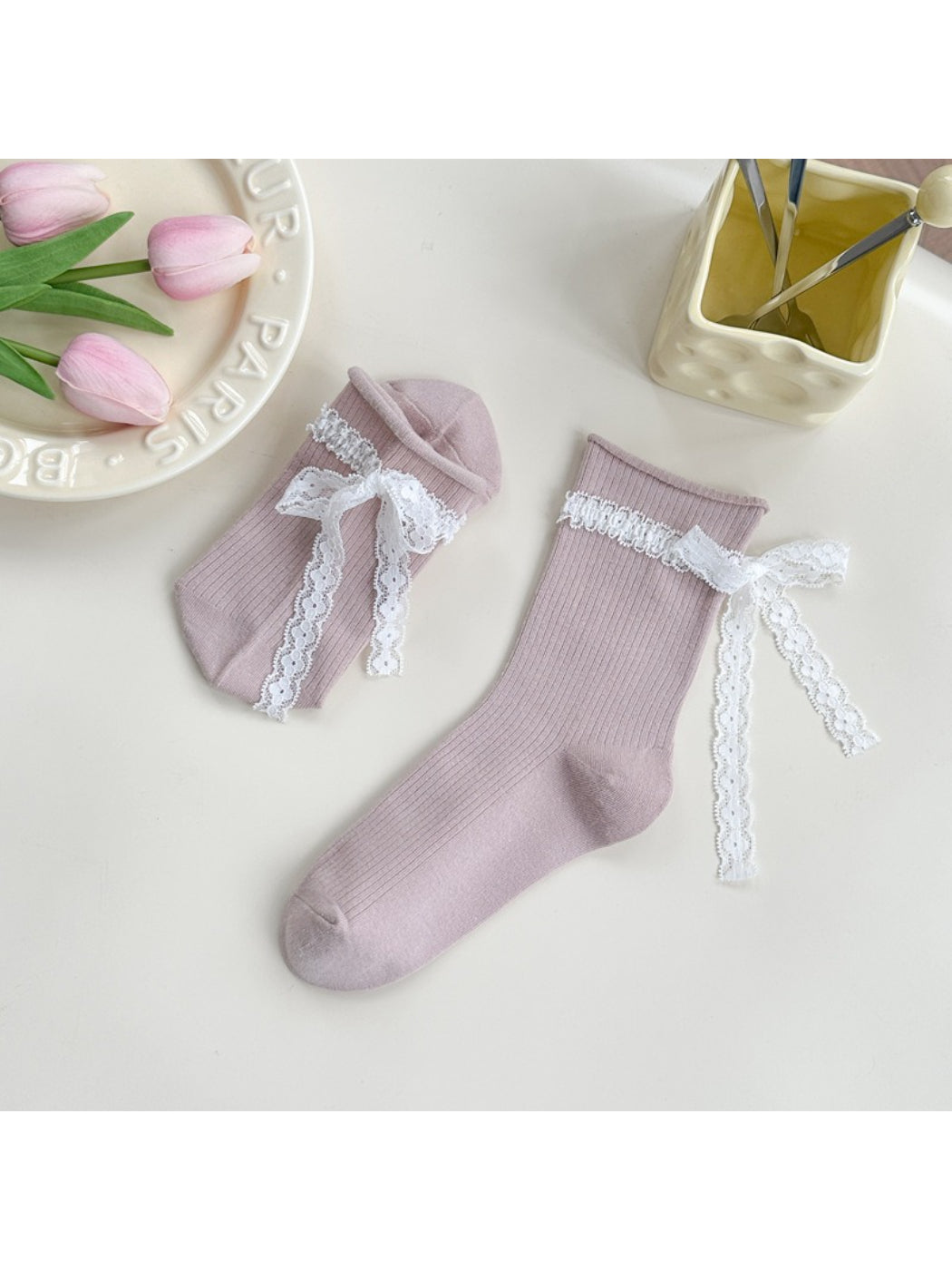Rufia - Ribbon Lace Ribbed Ankle Socks product image 6