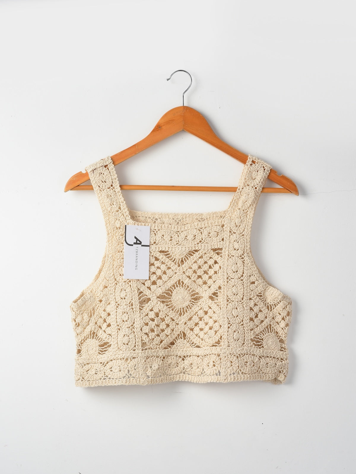 Crosa vintage crochet camisole tank top laid flat showing full design