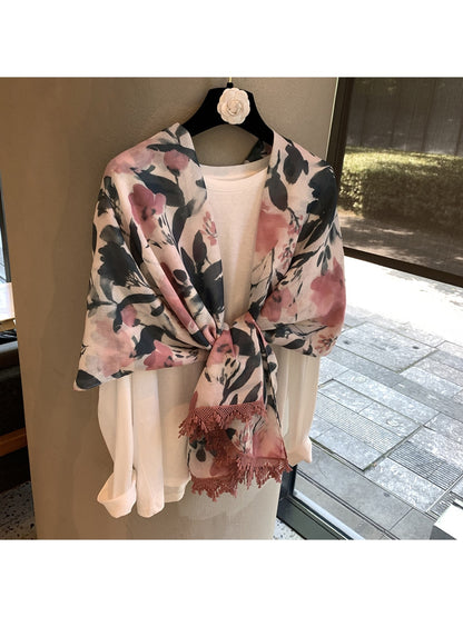 Scarvii - Floral Print Tassel Edge Long Shawl Scarf