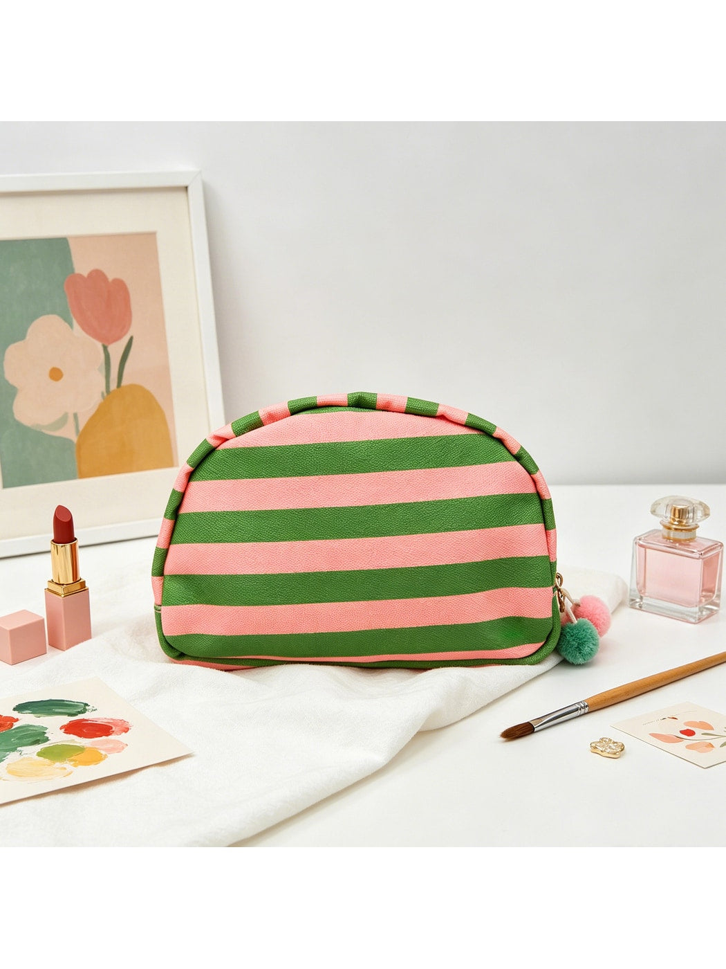 Cosbai - Striped Half-moon Cosmetic Organizer Bag