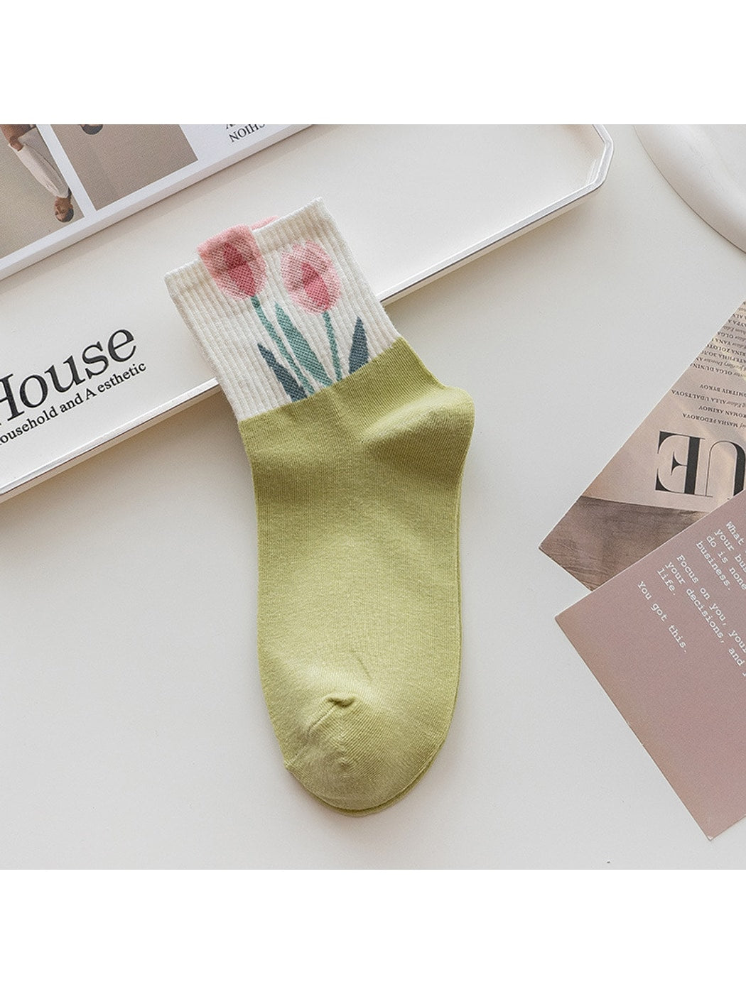 Rufia - Floral Ruffle Cuff Casual Crew Socks