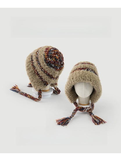Haila - Plush & Heavyweight Color-Block Earflap Beanie with Tassels