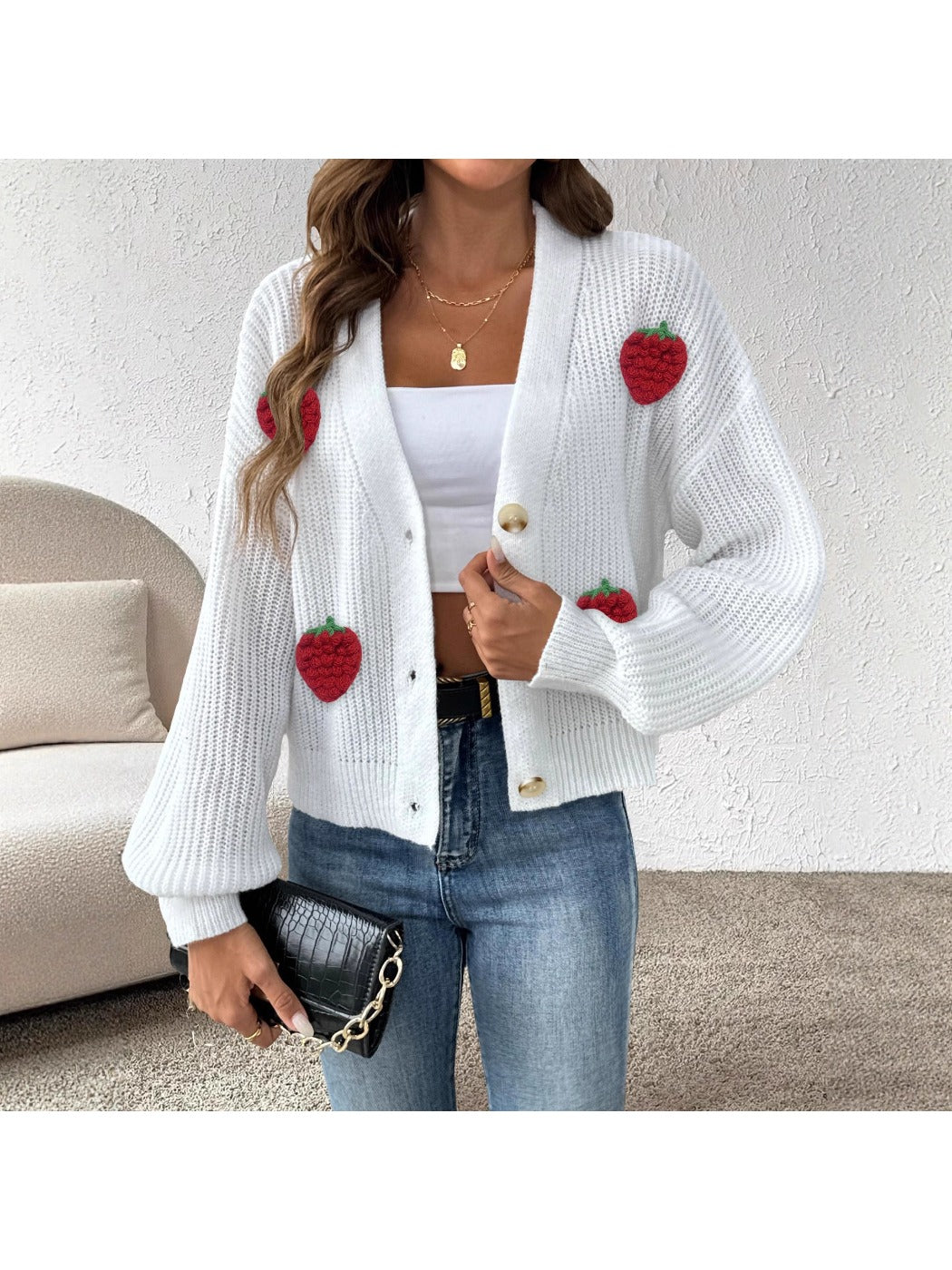 Crosa Cute Strawberry Knit Cardigan for Women with knit texture