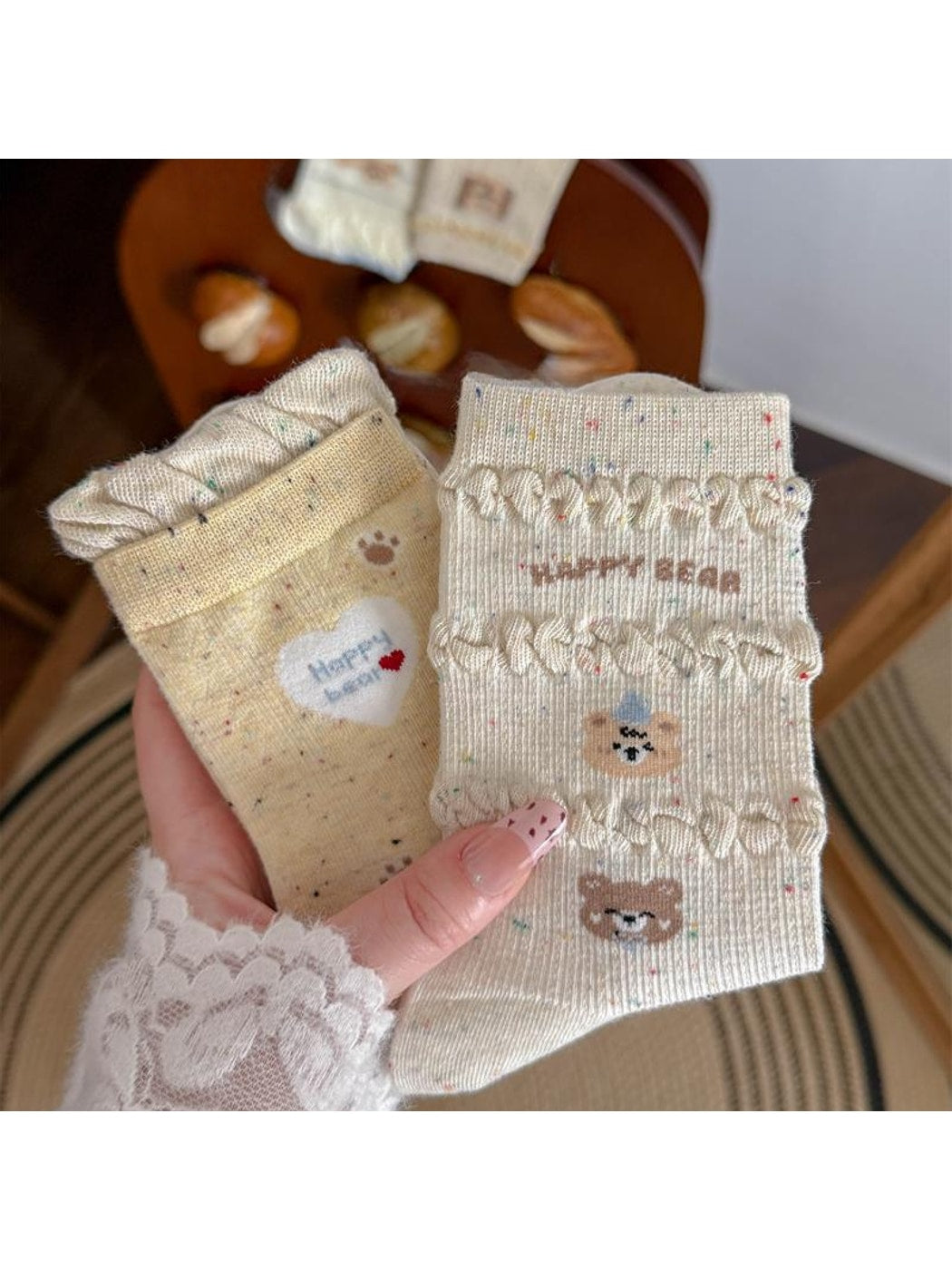 Rufia - Pale Yellow Cartoon Bear Crew Socks