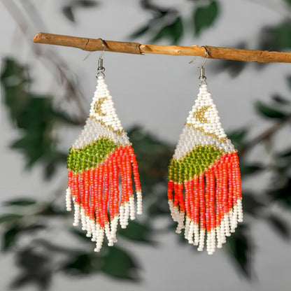 Earwish - Boho Orange & White Beaded Tassel Earrings - Playful & Blod