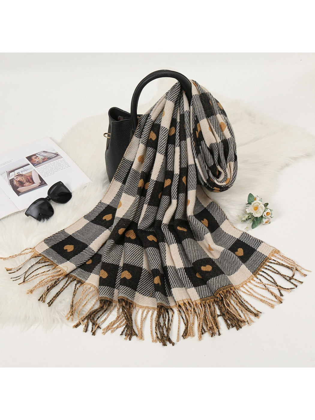 Scarvii - Heart Print Plaid Winter Scarf
