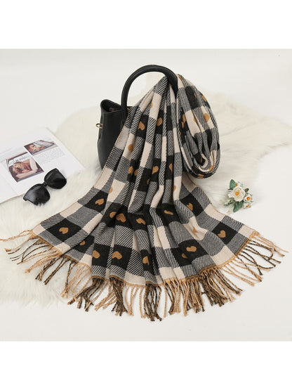Scarvii - Heart Print Plaid Winter Scarf