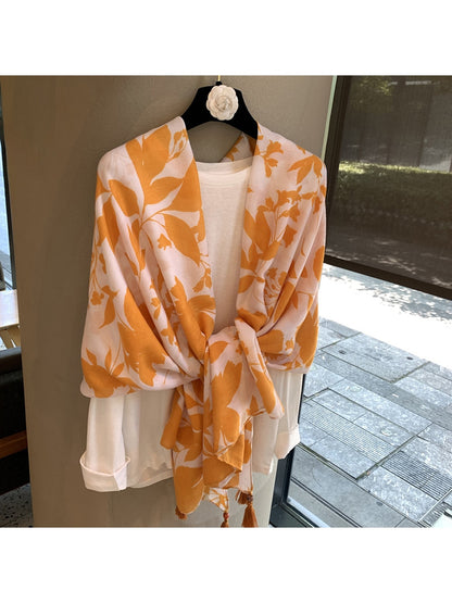 Scarvii - Leaf Print Long Drape Shawl