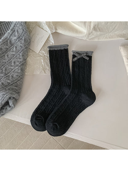 Rufia - Ribbed Knit Bow Accent Rolled Cuffs Crew Socks