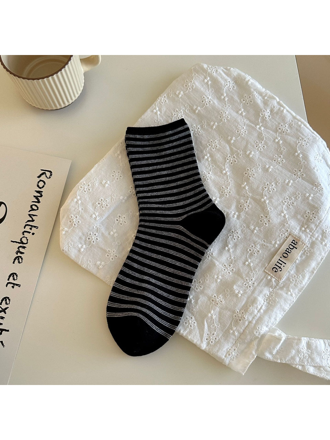 Rufia Classic Thin Stripe Crew Socks packaging with visible stripe design