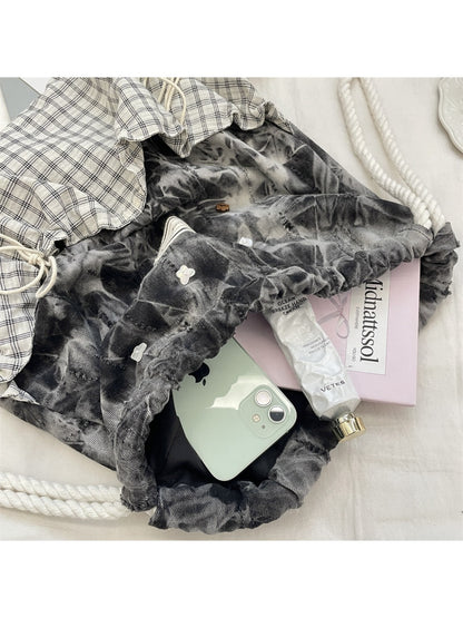 Cosbai – Plaid & Denim Drawstring Backpack