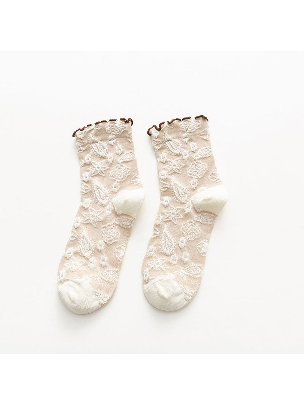 Rufia - Scalloped Trim Floral Pattern Crew Socks