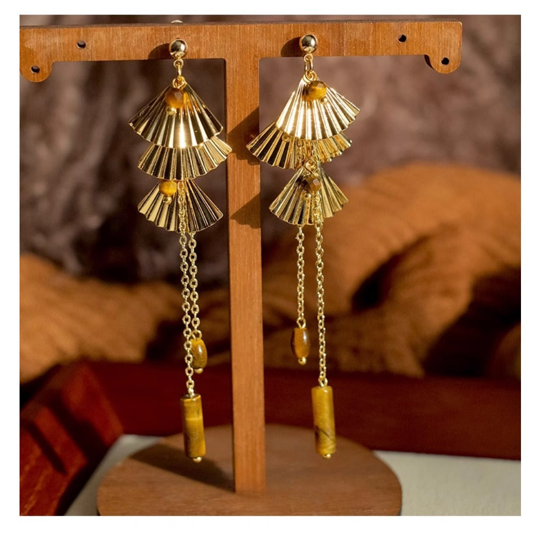 Earwish - Golden Fan & Bead Earrings - Classic & Chic