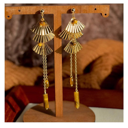 Earwish - Golden Fan & Bead Earrings - Classic & Chic