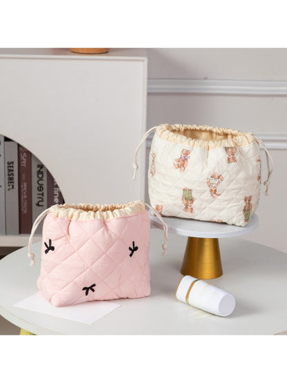 Cosbai - Quilted Round Drawstring Cosmetic Bag