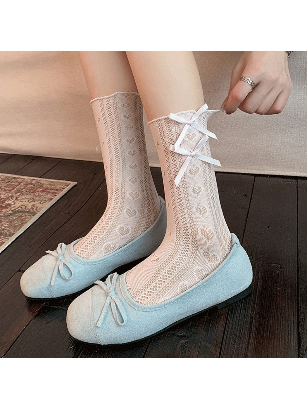 Rufia - Double Bow Openwork Heart Pattern Crew Socks