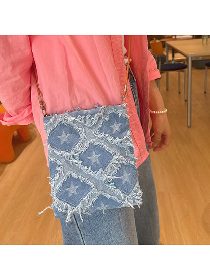 Cosbai - Star Patchwork Fringe Vertical Crossbody Bag
