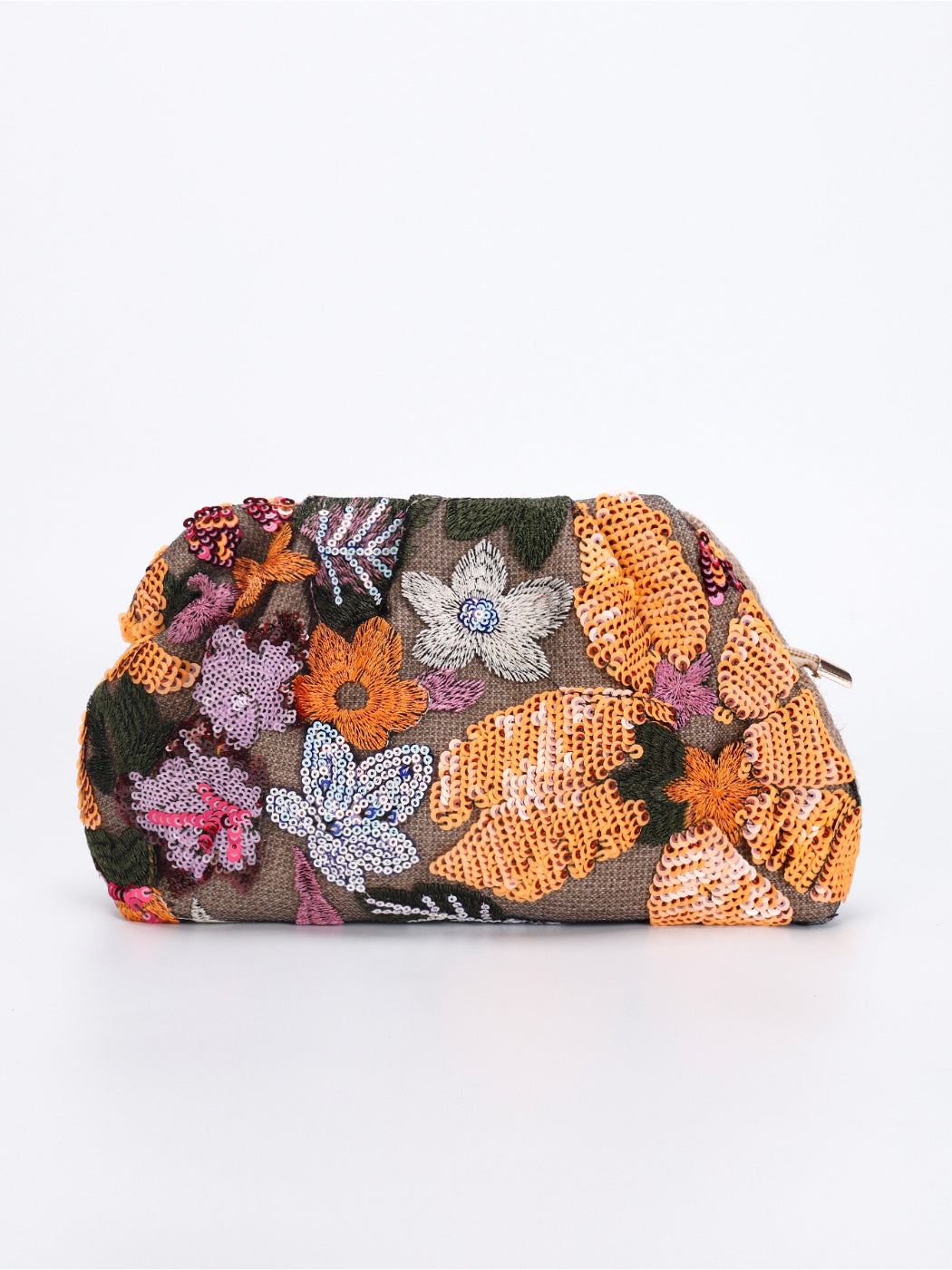 Cosbai floral sequin clutch bag open to reveal black interior lining and spacious