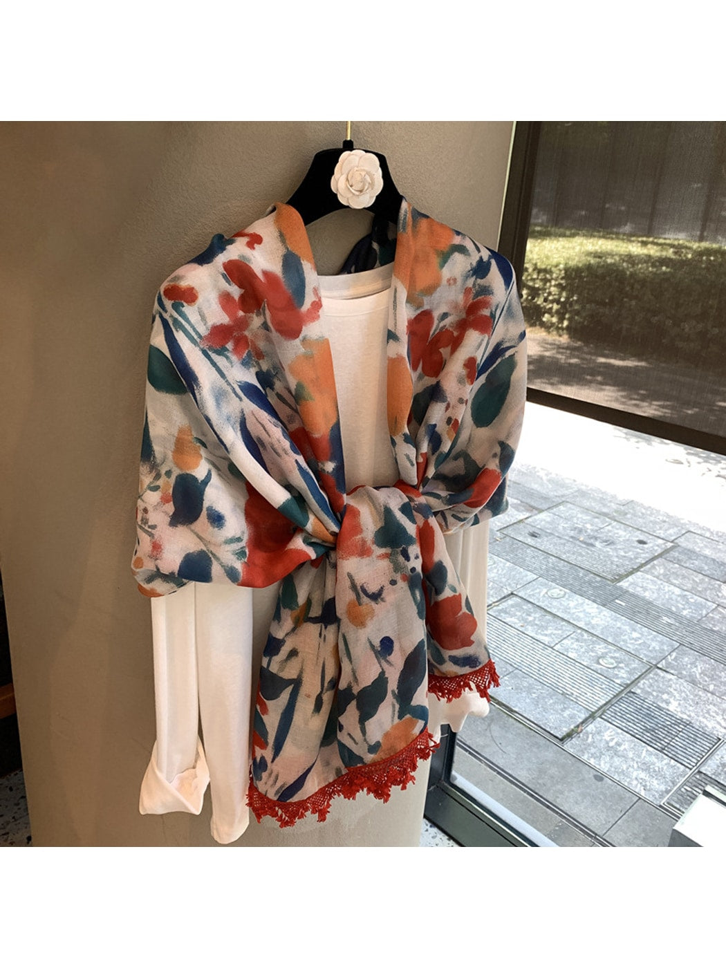 Scarvii - Floral Print Tassel Shawl Scarf