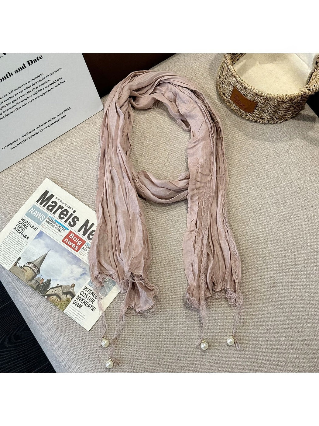 Scarvii - Elegant Solid Color Pleated Beaded Scarf