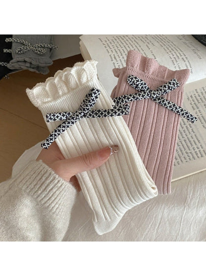 Rufia - Cross Pattern Bow Accent Ribbed Crew Socks