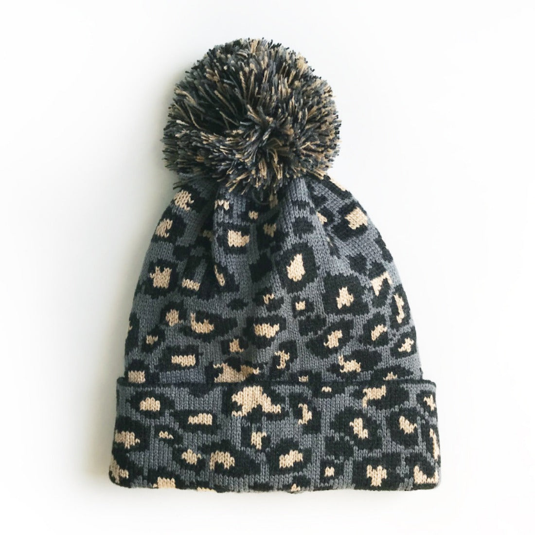 Haila - Leopard Print Winter Knit Hat with Pom-Pom