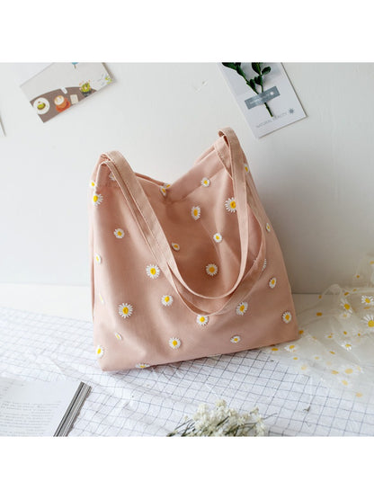 Cosbai - Daisy Embroidery Soft Shoulder Tote Bag