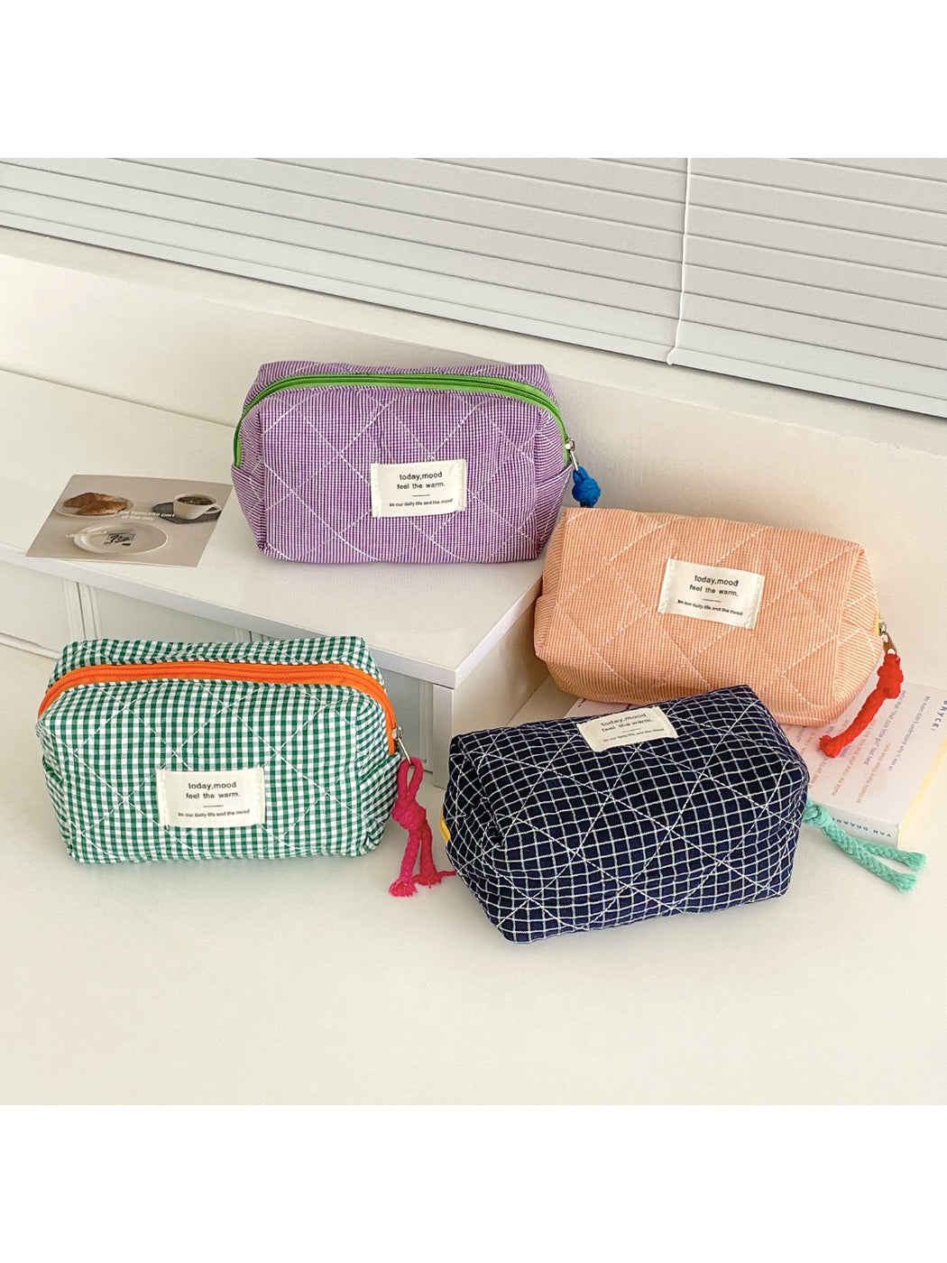 Cosbai colorful grid quilted cosmetic pouch on white background